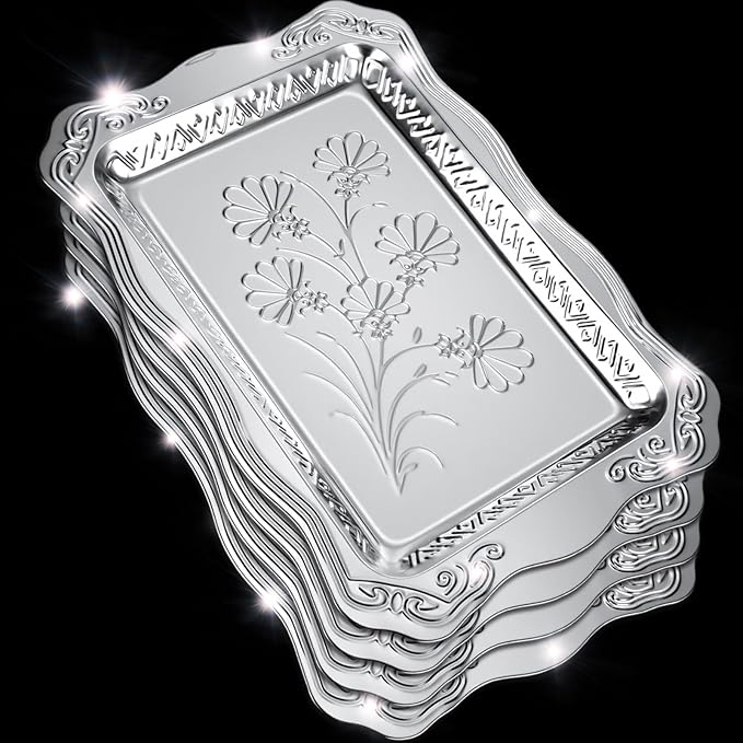 4 Pack 16.3" x 11.4" Large Silver Serving Trays for Dessert Table Stainless Steel Silver Platters Floral Engraved Mirror Serving Platters for Wedding, Cookies, Desserts, Party Food Display