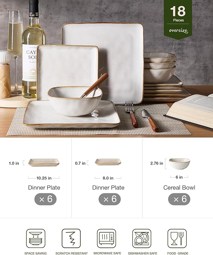 Famiware Ocean Square Plates and Bowls Set, 18 Pieces Dinnerware Sets, Dishes Set for 6, Microwave and Dishwasher Safe, Scratch Resistant, Cappuccino White