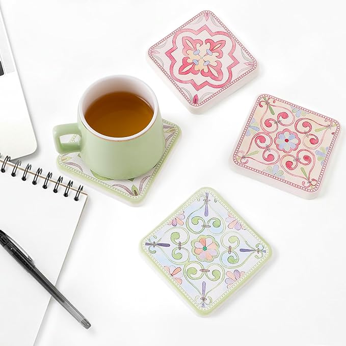 Coasters Set of 4, Square Drink Coasters Absorbent Heat Resistant Diatomite Coaster Cup Mats Vintage Home Decor for Coffee Table Desktop Protection (B, 3.9" x 3.9", 4pcs)