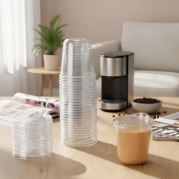 50 Sets 14 oz Clear Plastic Cups with Strawless Sip Lids, Thickened Clear Disposable Plastic PET Crystal Cups for Iced Coffee, Smoothie, Cold Beverage, Drink Shops and Party Catering