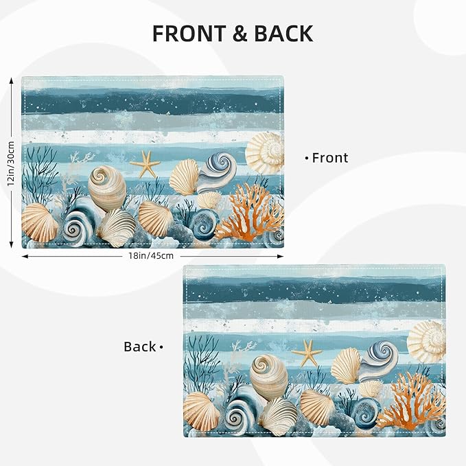 Ocean Seashell Placemats Set of 6, Beach Starfish Place Mats, Coastal Marine Life Waterproof Washable Table Mats for Home Party Indoor Kitchen Dining Table Decoration 12x18 Inch