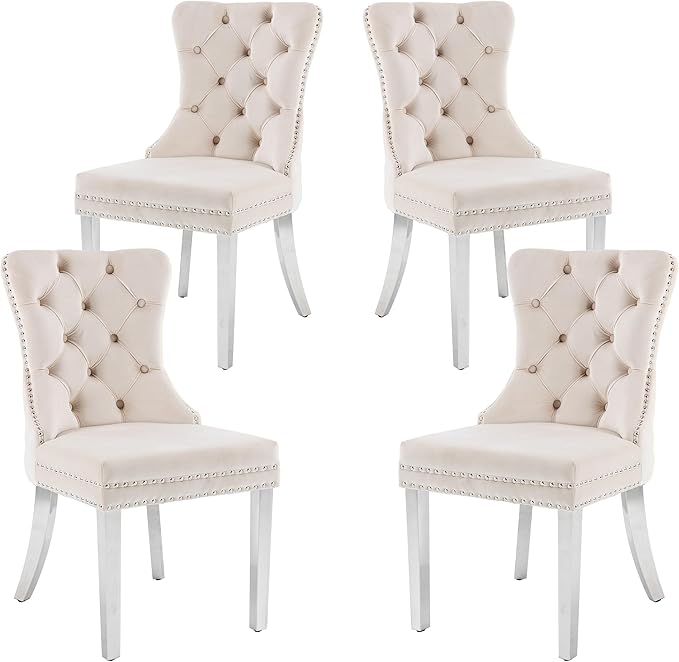 KCC Velvet Dining Chairs Set of 4, Upholstered High-end Tufted Dining Room Chair with Nailhead Back Ring Pull Trim Stainless Steel Legs, Contemporary Nikki Collection Modern Style for Kitchen, Beige