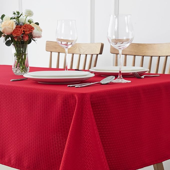 maxmill Rectangle Tablecloth Weaved Design Water Resistant Wrinkle Free Spill-Proof Soft Table Cloth for Dining Room Decoration, Banquet, Christmas Holiday Dinner, 52 x 84 Inch, Red