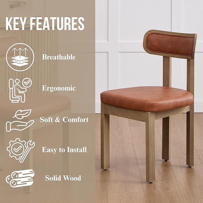 Brown Dining Chairs Set of 4, Mid Century Modern Leather Dining Room Chairs with Curved Back, Armless Kitchen Chairs for Living Room/Restaurant/Balcony/Bedroom/Home Desk/Task