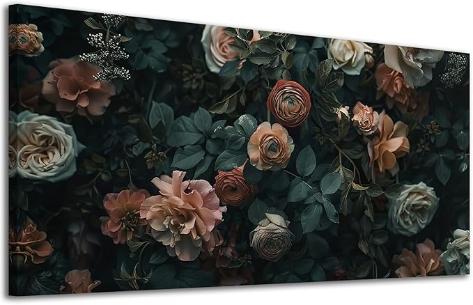 ADJUVANT Wall Art Floral 40"L x 20"W, Dark Hued Vintage Flowers With Lush Foliage Canvas Painting Elegant Blooms Artwork Retro Garden Prints Floral Wall Decor for Living Room Bedroom Study Home Office