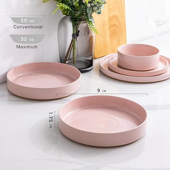 AmorArc 9.0" Large Ceramic Pasta Bowls, 32oz Handmade Speckled Stoneware Pasta Bowls Set of 4, Microwave & Dishwasher Safe Bowls With Terracotta Underside for Fruit Pasta Salad-Pink