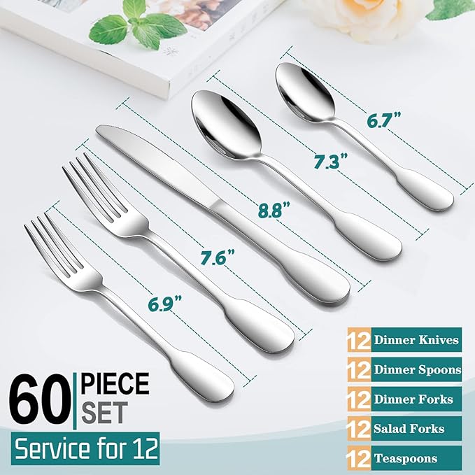 18/10 Silverware Set, E-far 60-Piece Stainless Steel Flatware Cutlery Set Service for 12, Metal Tableware Eating Utensil Sets for Home/Restaurant/Wedding, Elegant & Classic Style - Dishwasher Safe