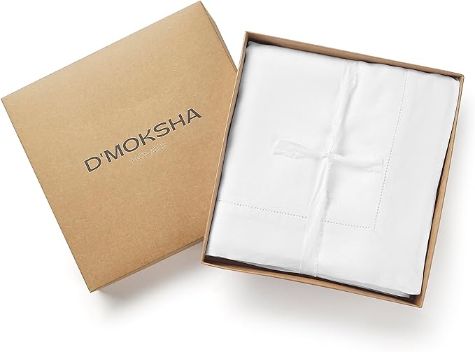 D'Moksha Homes White Linen Tablecloth 60 x 156 Inch - 100% Pure Linen White Tablecloth for Rectangle Tables - Classic Hemstitch, Machine Washable Table Cloth for Valentines, Spring, Easter