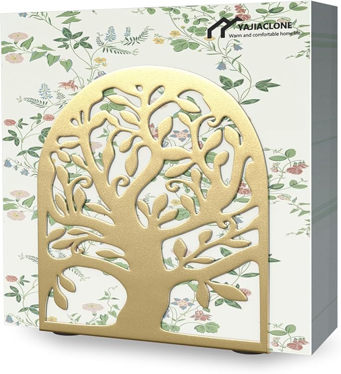 Tree of Life Gold Metal Napkin Holder, Upright Metal Tabletop Napkin Holder with Cushioned Base for Kitchen & Dining Table.