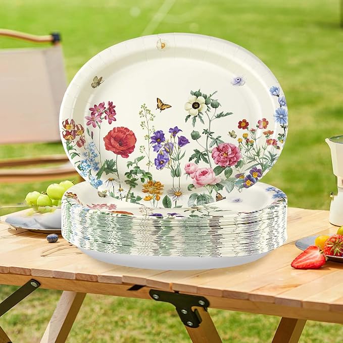 50Pcs Wild Flower Oval Paper Plates 10" x 12" Large Heavy Duty Disposable Fall Vintage Wildflower Platters Autumn Watercolor Floral Dessert Plates for Thanksgiving Dinner Birthday BBQ Party Supplies