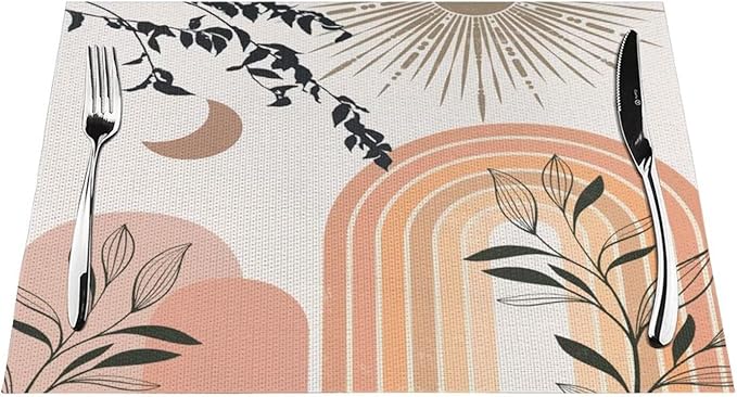 Mid Century Abstract Boho Placemats Geometric Leaf Sun Minimalist Modern Cafe Washable Place Mats 12x18Inch for Dining Kitchen Farmhouse Decor 4 PCS