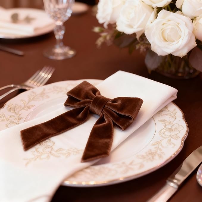 Bow Napkin Rings Set of 6 Luxury Soft Brown Velvet Napkin Holders, Elegant Bow Design for Christmas Holiday Dinner Wedding Party Table Decor