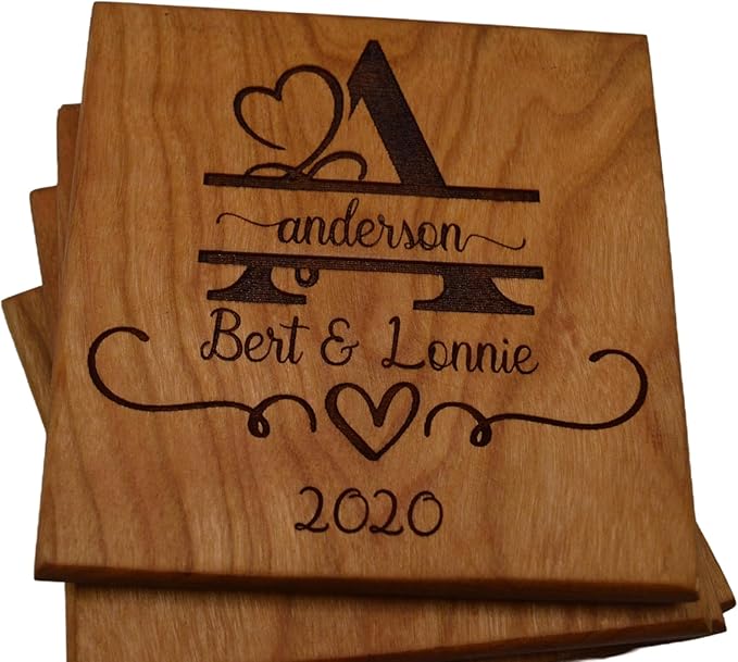 Personalized Wooden Coasters with Monogram, Wedding Date Engraved, Family Name- Choice of Wood (Wedding Couple)