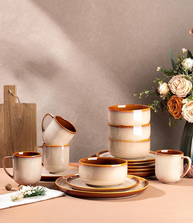 LERATIO Ceramic Dinnerware Sets for 4,16-PieceReactive Glaze Plates and Bowls Set with Mugs,Highly Chip and Crack Resistant | Dishwasher,Microwave & Oven Safe Dishes set-Kahki