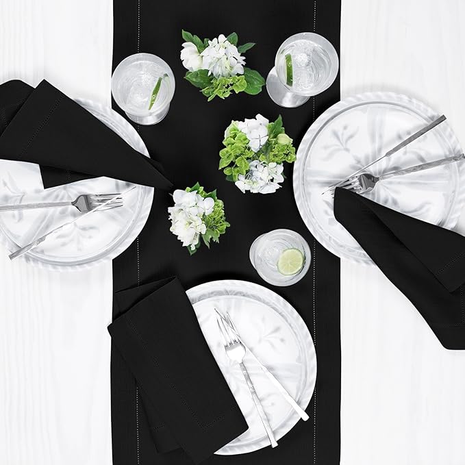 Solino Home Linen Black Table Runner 90 Inches Long - 100% Pure Linen Hemstitch 14 x 90 Inch Table Runner for Dining, Spring, Easter - Classic Hemstitch