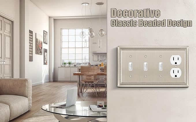 Henne Bery Sunken Pearls Heavy Duty Decorative Wall Plate Switch Plate Outlet Cover (Triple Toggle/Single Duplex, Satin Nickel)