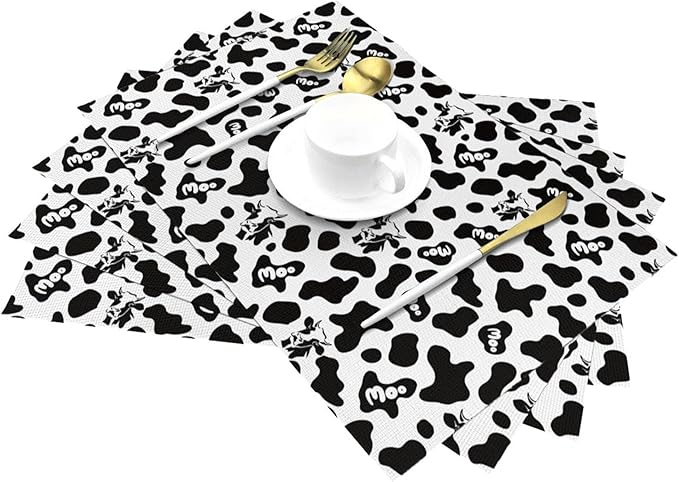 Cow Print Placemats Set of 4 Linen 12"x18" Black White Decorative Place Mats Washable Kitchen Table Mats for Dining Outdoor Farmhouse Home Decor Holiday Party Dining Mat