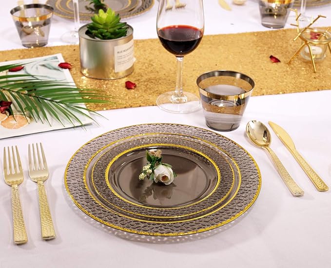 Nervure 150PCS Clear Black Plastic Plates - Gold Party Plates - Black and Gold Dinnerware Set Include: 50 Plate, 25Cups, 25Forks, 25Knives, 25Spoons for New Year & Party & Halloween