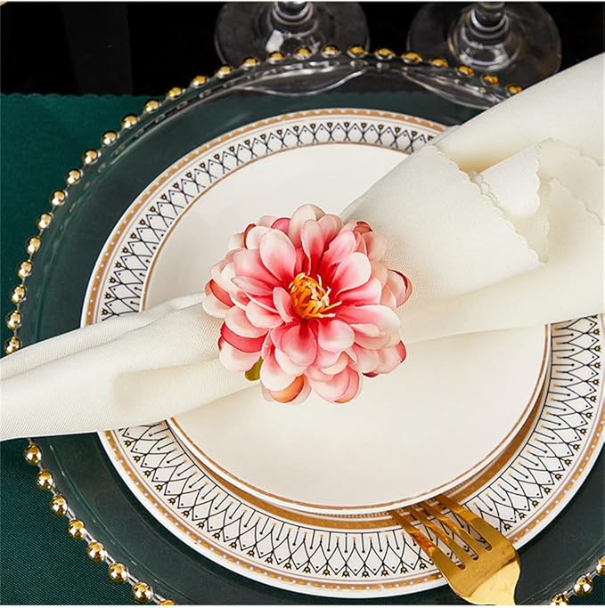 Floral Napkin Rings Set of 6,Rustic Rose Napkin Rings Flower Dinner Napkin Holder for Table Decoration (34#Pink)