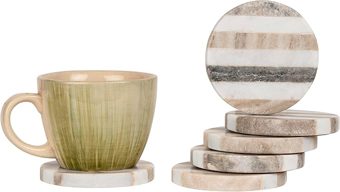 GoCraft Handcrafted Marble Round Coasters with Striped Inlay - Set of 6 White & Grey Marble Coasters for Wine Glasses, Drinks & Beverages, Stylish Barware & Home Decor for Dining & Entertaining