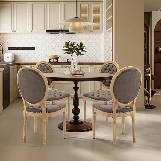 SoarFlash French Dining Chairs Set of 4, Vantage Dining Chair with Round Back, Farmhouse Country PU Leather Dining Chair for Kitchen,Bedroom,Brown