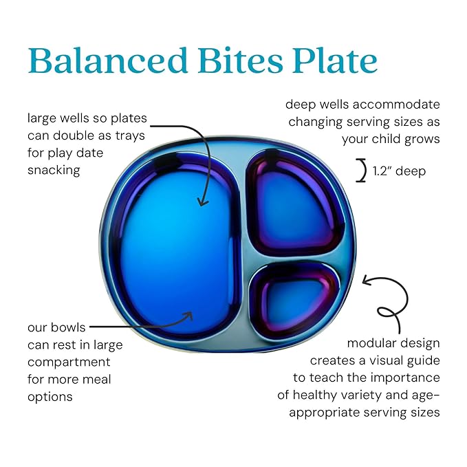 Ahimsa Stainless Steel Plates For Kids, Pediatrician Designed Divided Plates for Toddlers & Baby, Non Toxic, Unbreakable & Dishwasher Safe, Iridescent Blue Set of 4