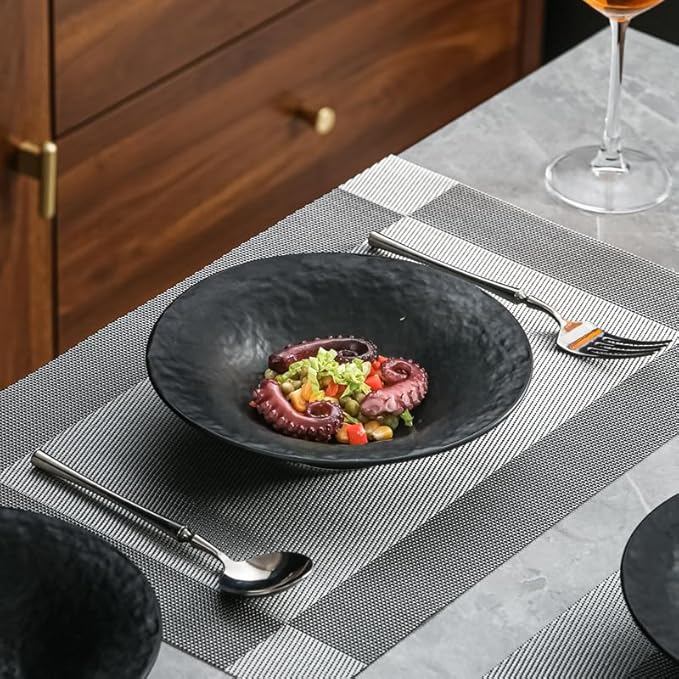 8 Inch Elegant Porcelain Dinner Plates, Round Appetizer Plates, Perfect for Salad, Dessert, Pasta, Snacks,Fruit,Breakfast, Party, Dishwasher & Microwave Safe, Salad Plates Set of 4(Black)