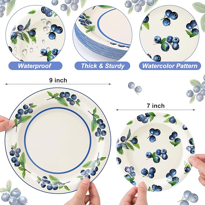 48 Pcs Blueberry Paper Plates Set Baby Shower 9" 7" Summer Watercolor Disposable Plates Decorative Dinner Plates Birthday Party Tableware for Party Supplies Decoration