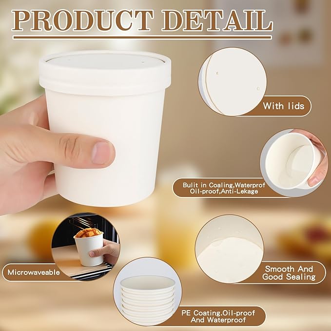 100Pack 12oz Soup Containers with Vented Lids, Disposable Food Containers Paper Ice Cream Cups Kraft Dessert Soup Bowls, Microwavable and Freezer Safe for Hot Soup, Ice Cream (100 Pcs - White, 12 oz)