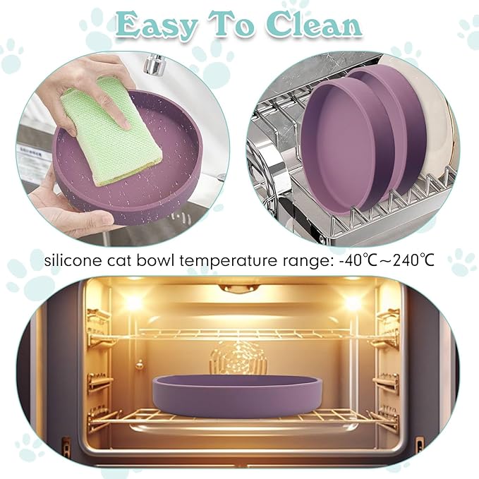 Silicone Cat Food Bowls Shallow Cat Dishes 5.9in Wide Pet Plates Set of 2 Small Flat Dog Saucer Bowl Cute Whisker Fatigue Kitten Feeding Dish for Dry & Wet Food (Round Purple)