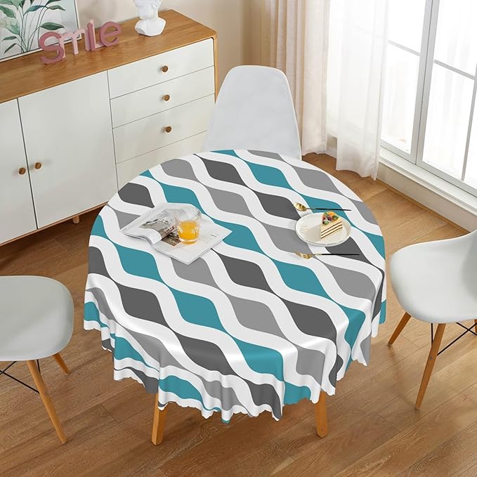 Laeacco 60 Inch Geometric Round Tablecloth Blue and Grey Waved Stripes Modern Abstract Art Print Table Cloth Washable Waterproof Wrinkle Free Table Cover for Kitchen Dining Picnic Party Decoration