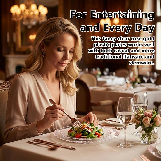 102PCS Rose Gold Plastic Plates - Clear Rose Gold Plate - Heavy Duty Disposable Plates - Fancy Disposable Dinner & Dessert Plate for 51 Guests for Party & Wedding & Valentines