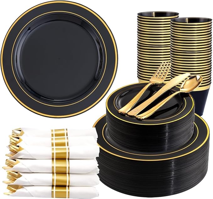 350 Pieces Black and Gold Plastic Plates with Disposable Silverware, Include 50 Dinner Plates 9”, 50 Dessert Plates 6.3”, 50 Black Cups 9 OZ, 50 Pre Rolled Napkins for Birthday Weddding Party