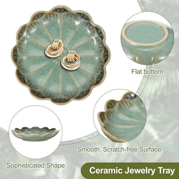 uxcell 2Pcs Ceramics Jewelry Plate, Sunflower Shape Key Holder Bowl for Entryway Table Decor Small Ring Tray Dish Gift for Women Girlfriend, Dark Green