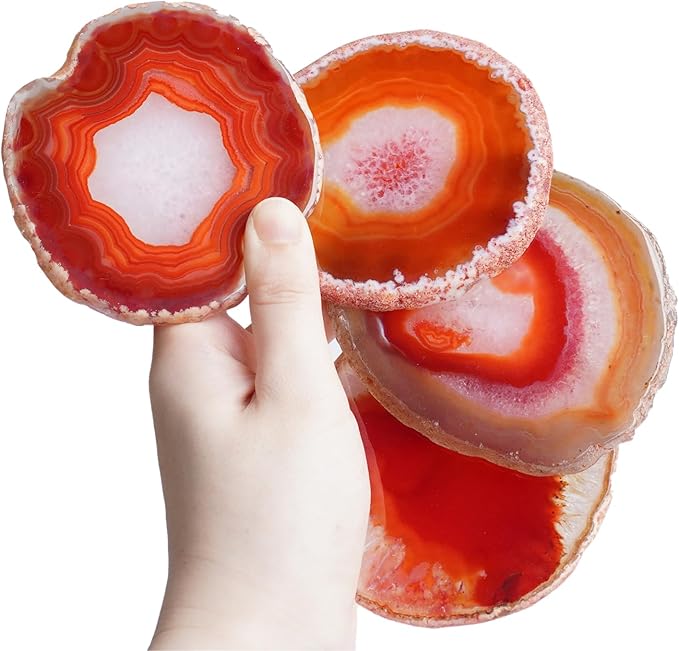 Orange Red Agate Coasters Set of 4 with Rubber Bumpers - Fiery 3-4 Inch Dyed Geode Stone Drink Coasters for Home Bar, Table Decor, Gift
