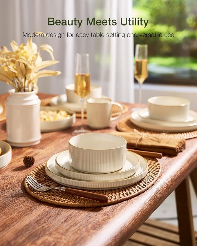 famiware Star Dinnerware Set, Plates and Bowls Sets for 4 (12pcs), Ribbed Stoneware Dishes - Chip & Scratch Resistant, Microwave & Dishwasher Safe Tableware, White