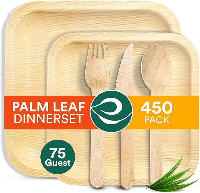 ECO SOUL 100% Compostable Palm Leaf Dinnerware Set For 75 Guests [10", 6" Square plates 75 Count each | Fork, Knife, Spoon, 100 Count each] | Biodegradable Disposable Utensils for Wedding, Parties