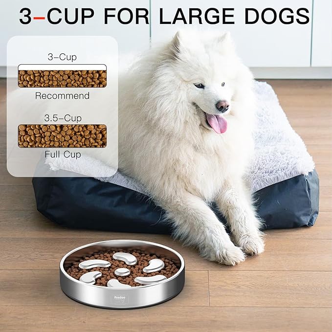 Slow Feeder Dog Bowl-3Cups for Large Breeds, Double Wall Food-Grade Stainless Steel, Heavy Duty with Non-Slip Rubber Base, Puzzle Maze Bowl to Slow Down Eating [2Pack]