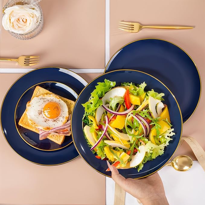 bUCLA 100PCS Blue Plastic Plates - Navy Blue Disposable with Gold Rim, Include 50 Each (10 inch Dinner & 7 inch Dessert) Plates, Ideal for Party and Hanukkah
