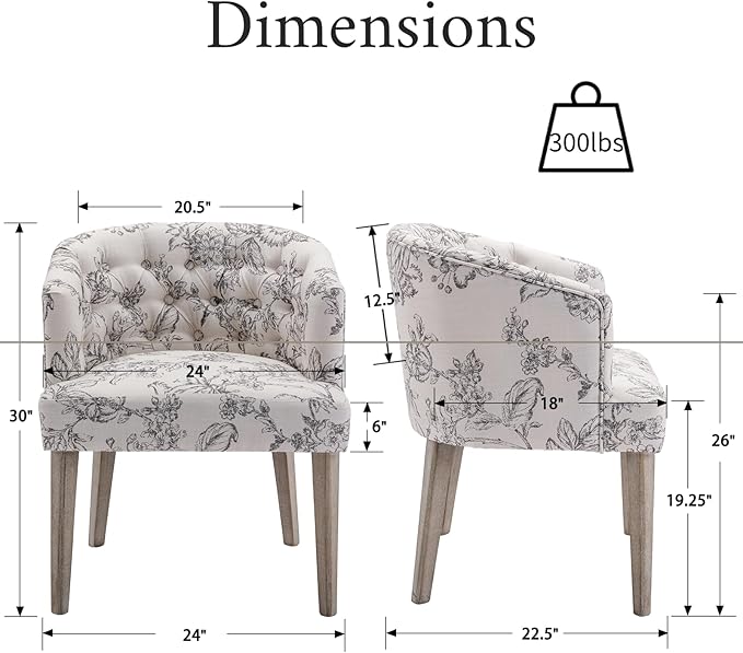 Mid-Century Dining Chairs Set of 4, Tufted Upholstered Linen Dining Room Chairs Comfy Side Chair Armchair Guest Chair with Wooden Legs for Dining Room Living Room, Floral Pattern