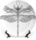 Ceramic Plates, Abstract Decorative Ceramic Plates, Animal Steampunk Dragonfly Pattern, 8 Inch, for Dining, Parties, Wedding, Black White