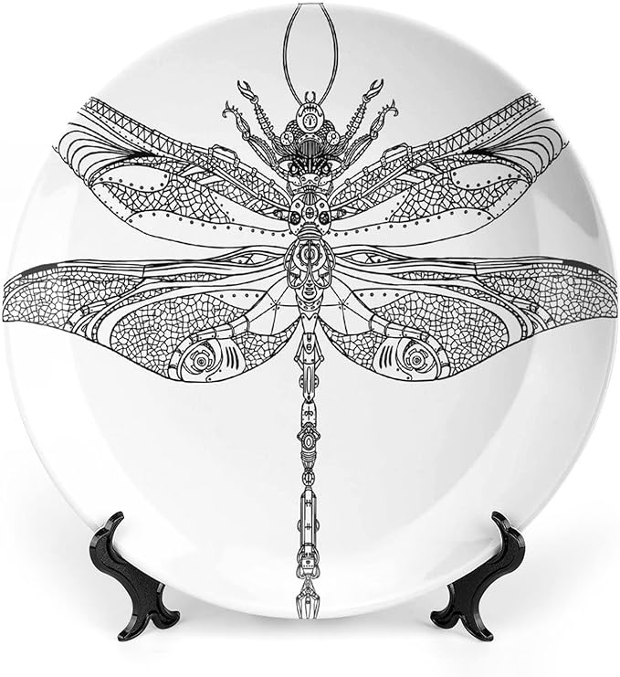 Ceramic Display Plate, Abstract Ceramic Hanging Decorative Plate, Animal Steampunk Dragonfly Pattern, 6 Inch, Household Custom Ceramic Plate, Black White