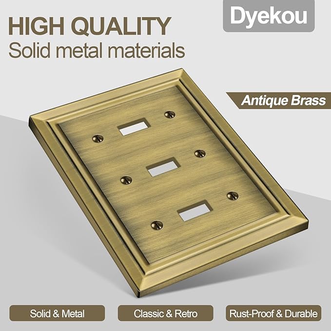 Metal Wall Plate for Electrical Outlets, Decorative Antique Brass Switch Plates Outlet Cover, Light Switch Cover Plate, 3-Gang Wall Plates (Triple Toggle, 1 Pack)