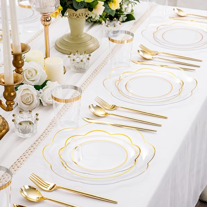 EI 180pcs Clear Plastic Plates with Gold Plastic Silverware, Plate for Party,Clear Dinnerware Set,Heavy Duty Plate for Wedding,Afternoon Tea,Spring,Mother's Day,Valentine's Day,Easter