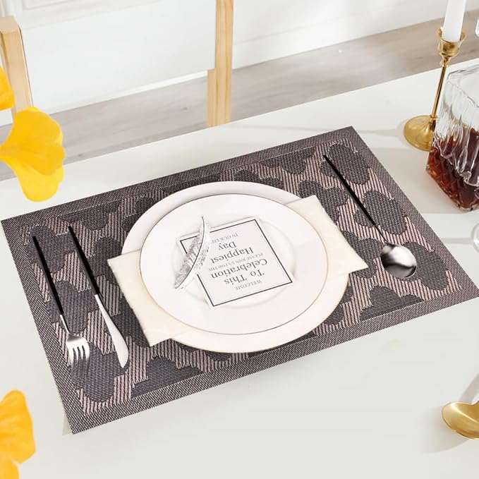 Elegant Placemats Vinyl Woven Heat-Resistant Placemats Set of 6 Washable Easy to Clean Table Mats for Dining Room and Decorate (Brown)