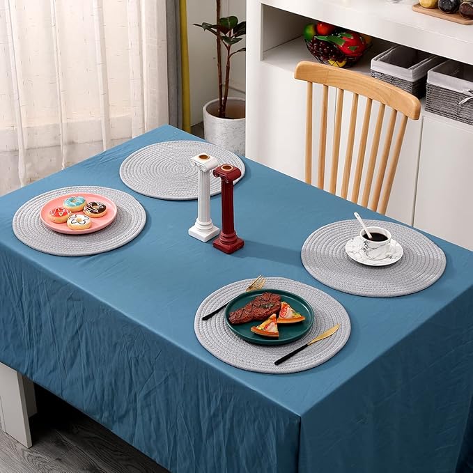 6 Pack Cotton Woven Placemats, 13.8 inches Round Plate Chargers Grey Thick Placemat Set Cotton Rope Braided Tablemats Rattan Tablemats Rustic Weave Placemats for Dining Table