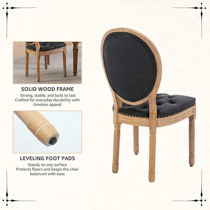Vintage French Dining Chairs Set of 6, Round Back PU Leather Upholstered Side Chairs with Nailhead Trim and Solid Wood Frame, Sillas de Comedor for Dining Room & Kitchen, Black
