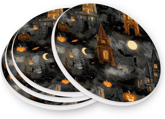 Coasters for Drinks Coaster Drink Set Decorative Coffee Table Desk Cup Mat Spring Cute Cork Bar Backing Round Home Decor Grey Pumpkin and Castle Halloween43