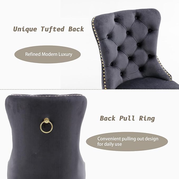 KCC Velvet Dining Chairs Set of 4, Upholstered High-end Tufted Dining Chair with Nailhead Back Ring Pull Trim Stainless Steel Legs, Contemporary Nikki Collection Modern Style for Kitchen, Dark Gray