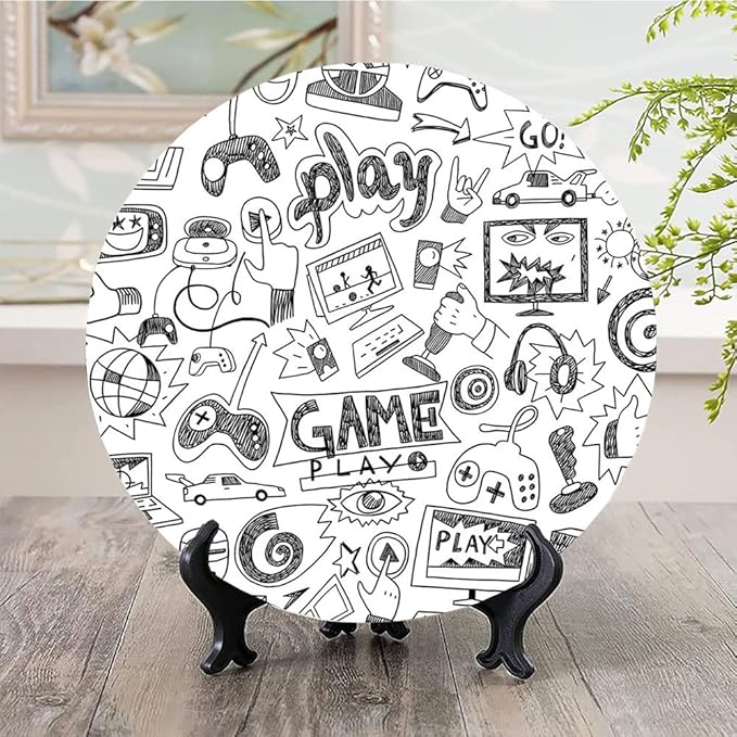 Decorative Plates, Video Games Print Ornament, Monochrome Sketch Style Gaming Design Racing, 10 Inch, Kitchen Wall Decor, White Black